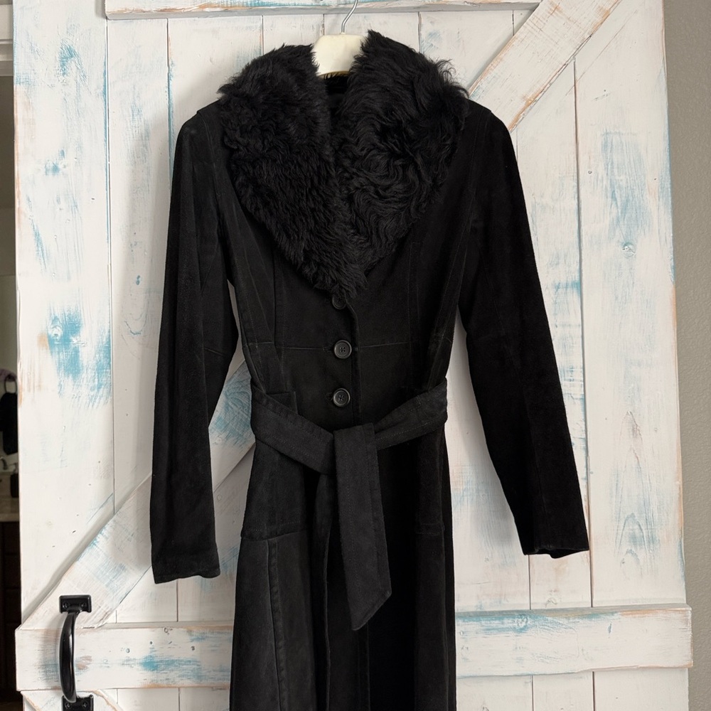 Banana Republic Black knee length Suede Coat with Shearling Trim